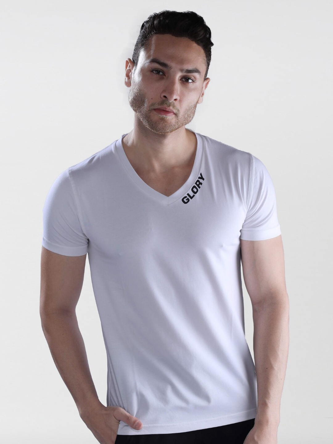 

Dream of Glory Inc Men White V-Neck Raw Edge T-shirt