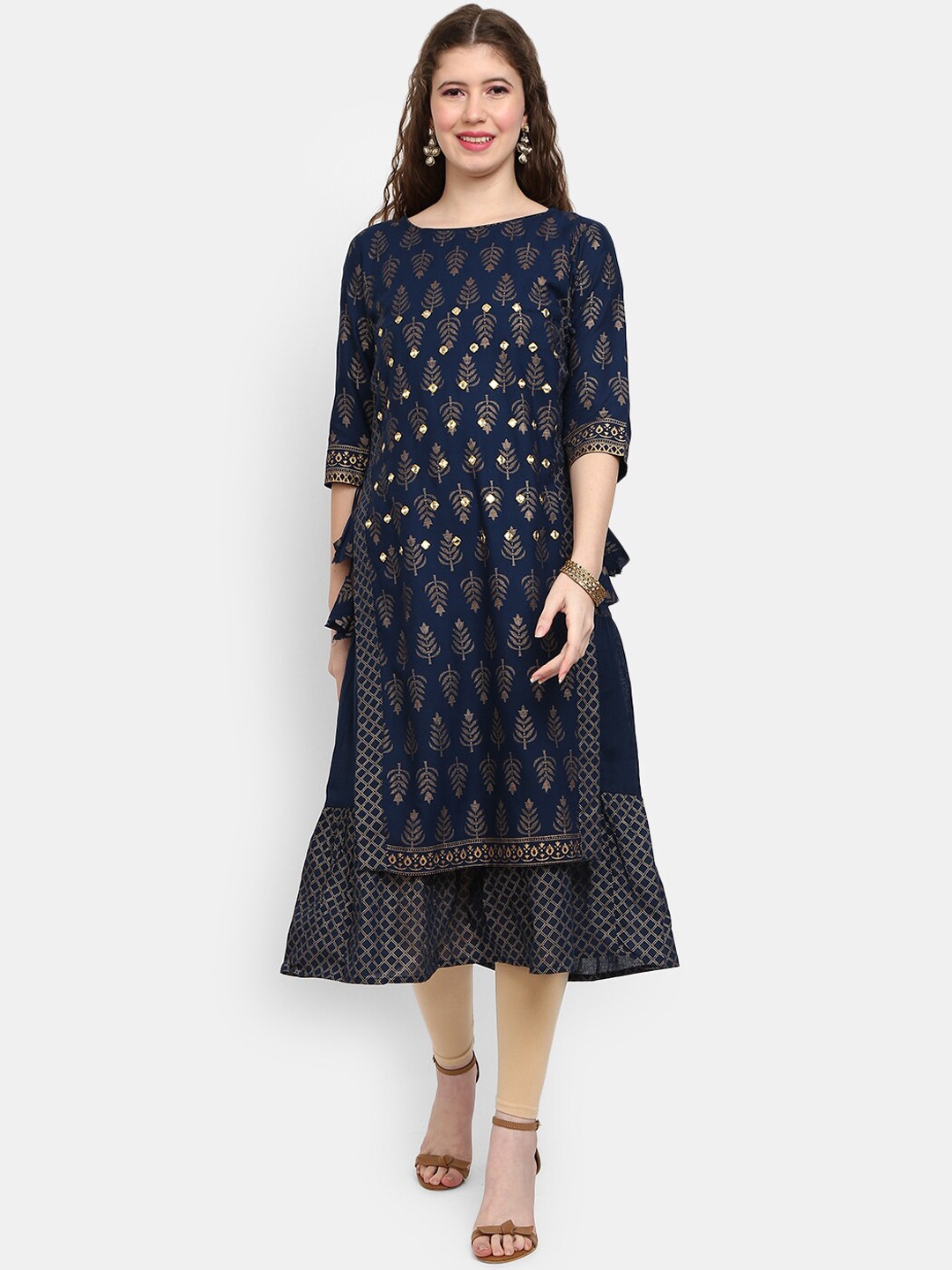 

V-Mart Women Navy Blue Ethnic Motifs Printed Thread Work Kurta