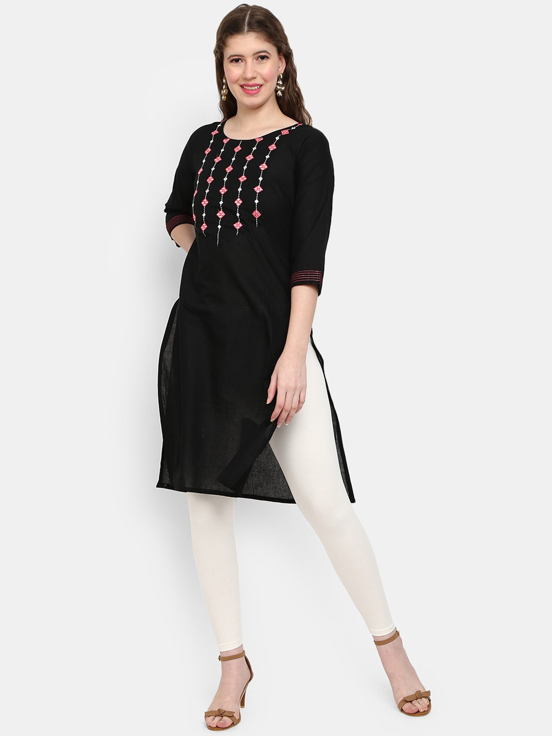 

V-Mart Women Black Floral Embroidered Mirror Work Cotton Kurta