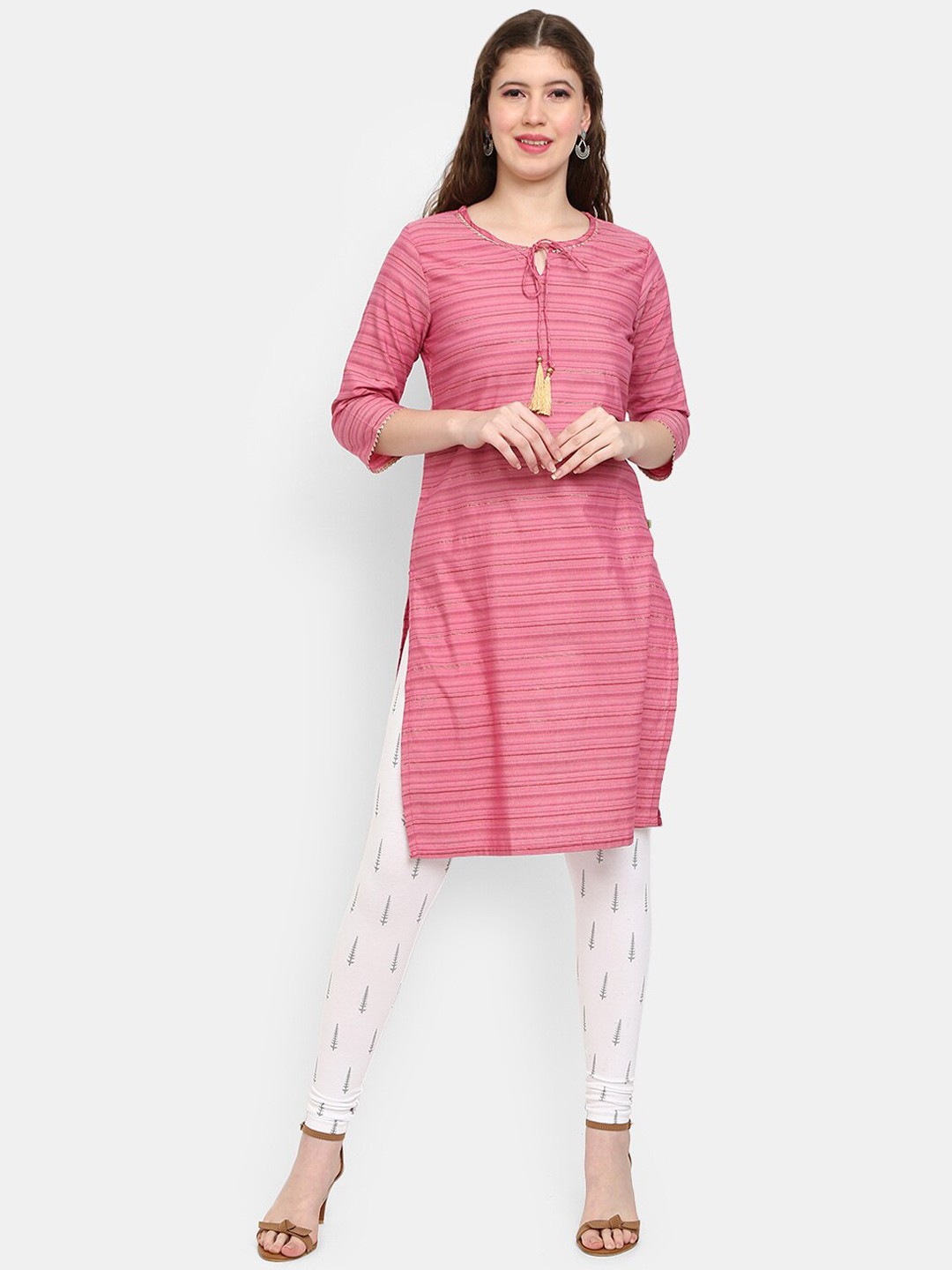 

V-Mart Women Pink Cotton Striped Thread Work Kurta