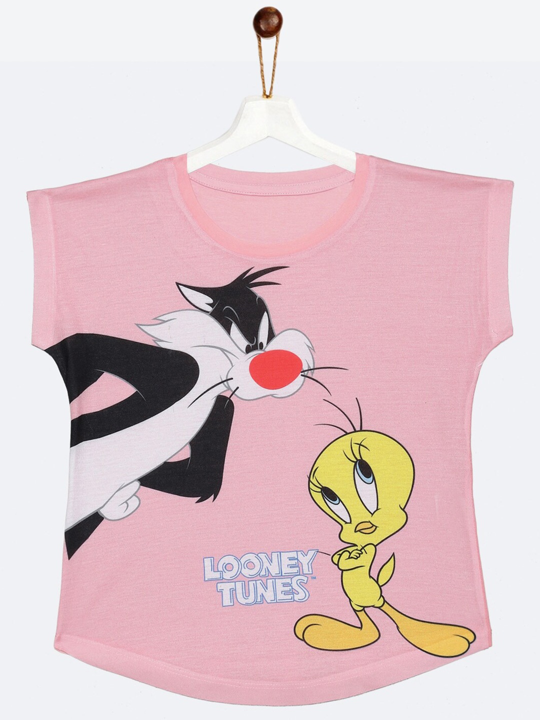 

YK Warner Bros Girls Pink & Black Looney Tunes Tweety & Sylvester Short Sleeves Cotton Top