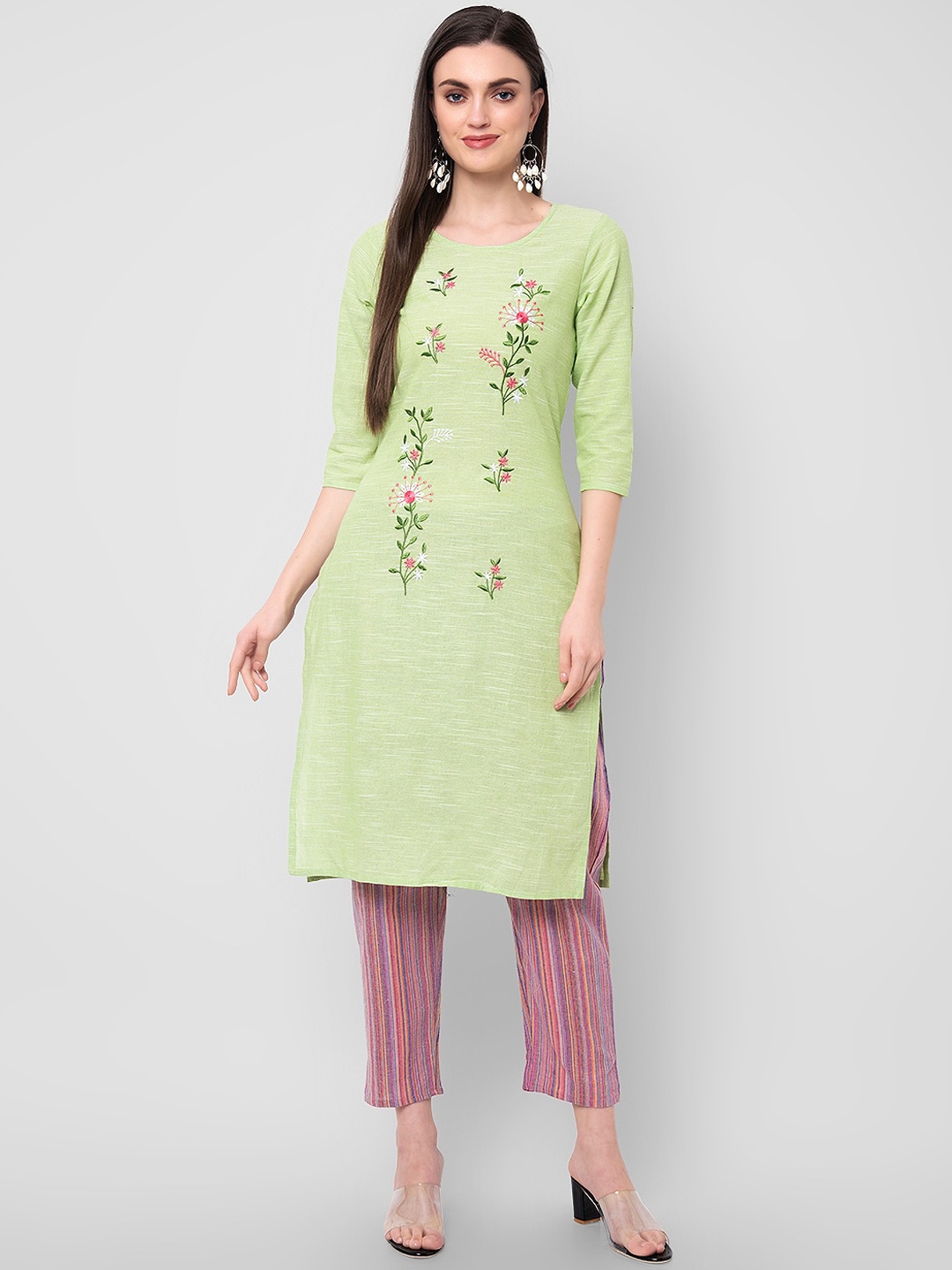 

Sanganeri Kurti Women Green Embroidered Pure Cotton Kurta with Trouser