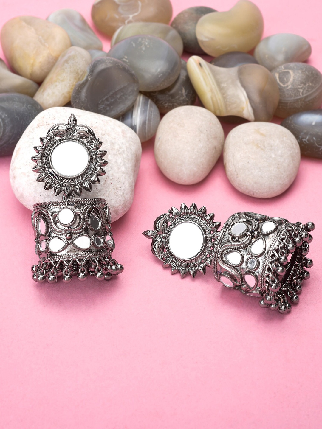 

Krelin Silver-Plated Oxidised Dome Shaped Jhumkas Earrings
