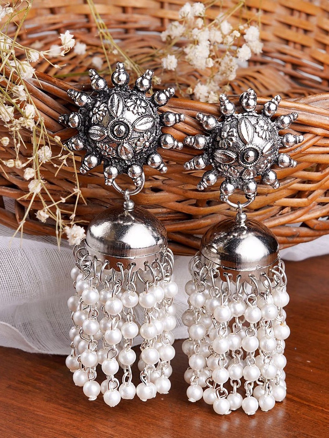 

Krelin Silver-Toned Oxidised Dome Shaped Jhumkas Earrings