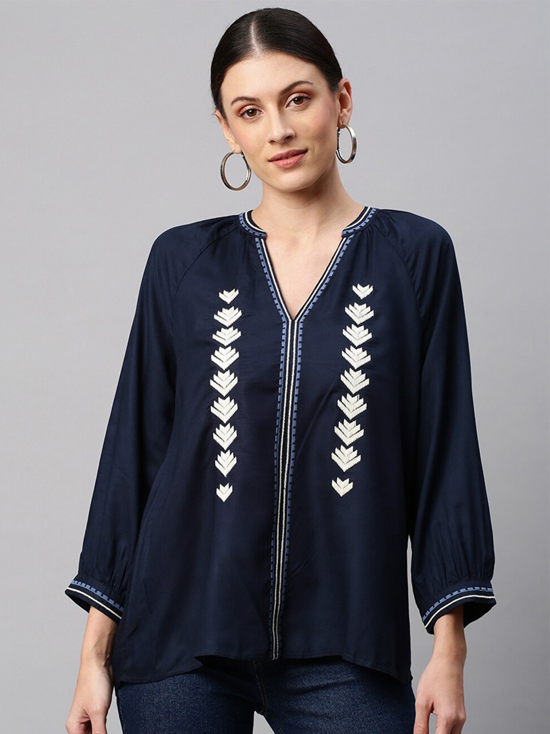

Chemistry Women Navy Blue Geometric Embroidered V Neck Full Sleeves Rayon Tunic Top