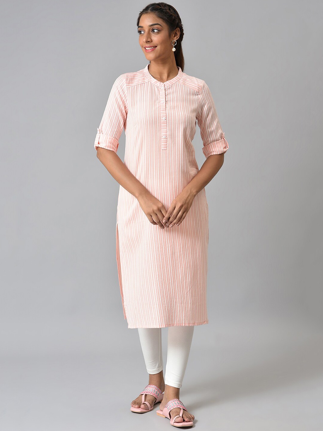 

AURELIA Women Peach-Coloured & White Striped Kurta