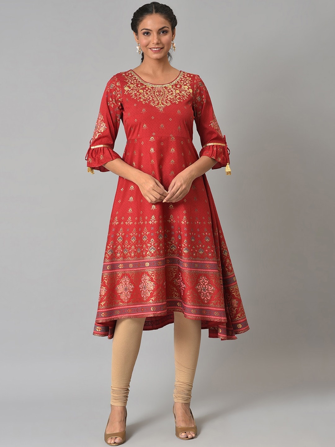 

AURELIA Festive Floral Print Crepe Kurta, Red