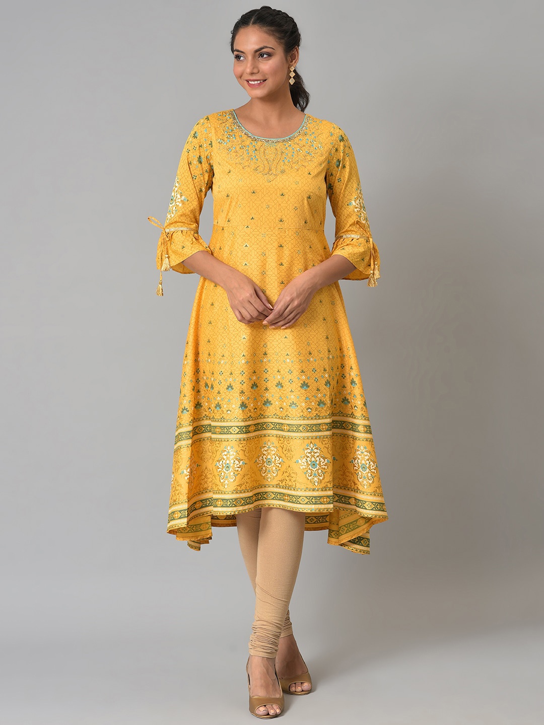 

AURELIA Festive Floral Print Crepe Kurta, Yellow