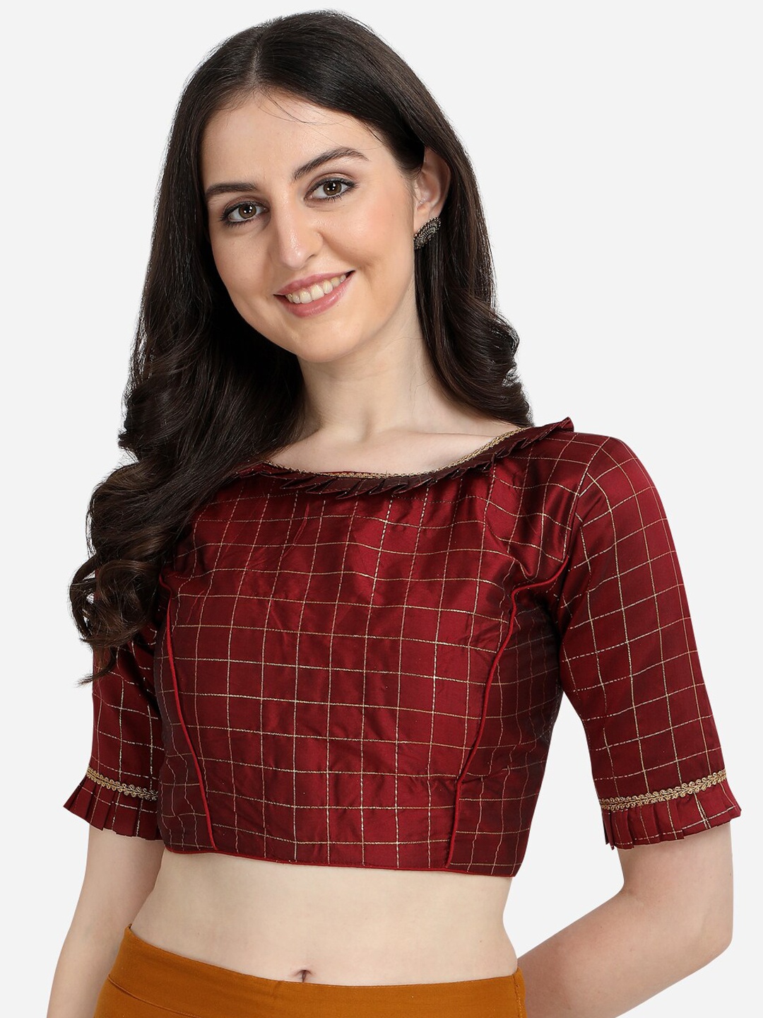 

Fab Dadu Maroon Checked Princess Cut Silk Saree Blouse