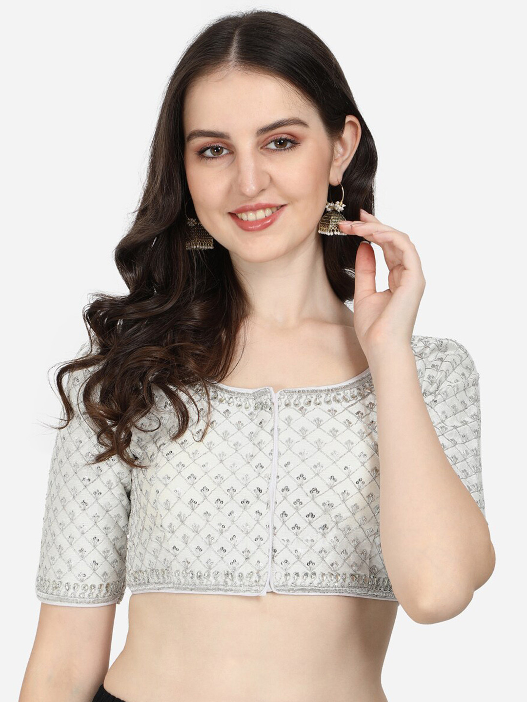 

Fab Dadu White Sequins Embroidered Silk Saree Blouse