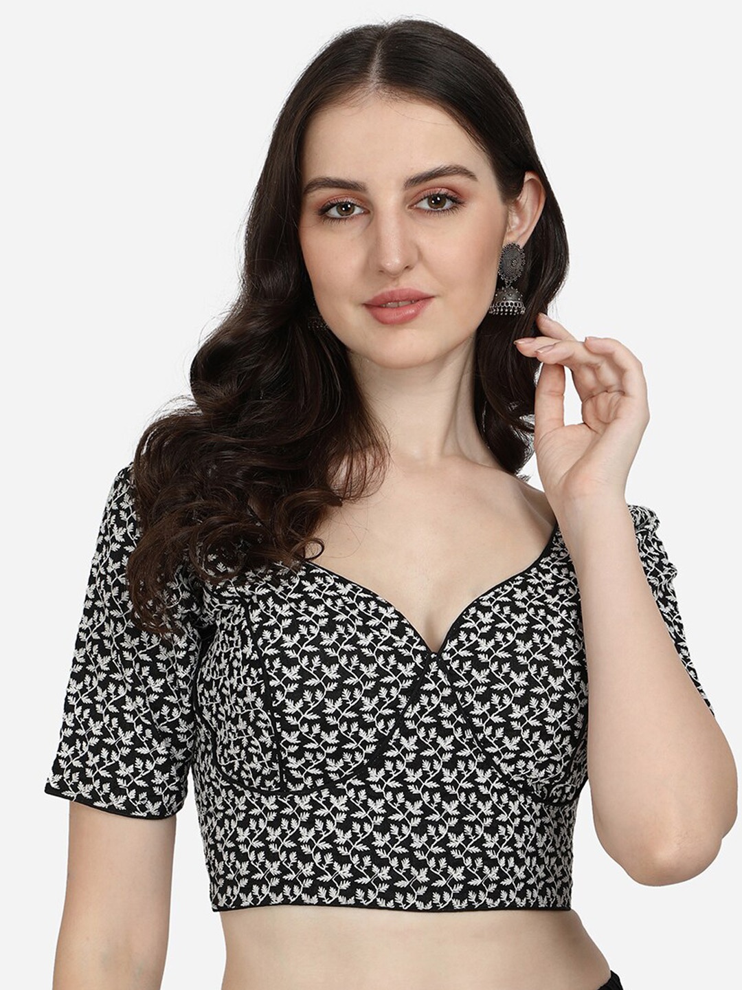 

Fab Dadu Black & White Embroidered Silk Readymade Saree Blouse