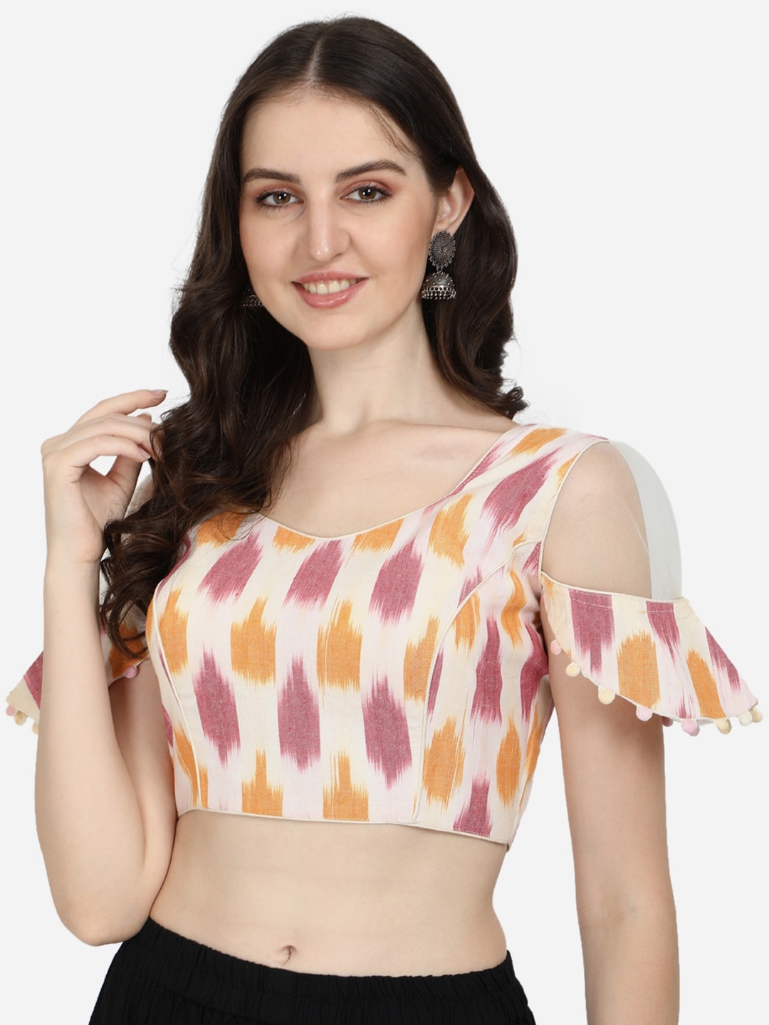 

Fab Dadu Off White & Orange Ikat Cotton Readymade Saree Blouse