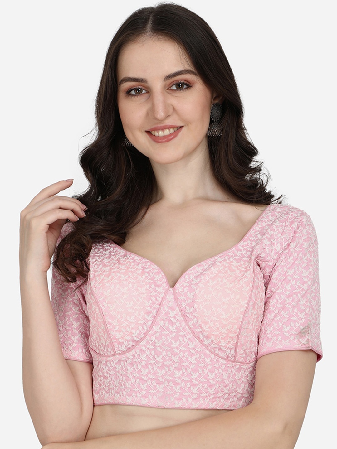 

Fab Dadu Pink Embroidered Padded Silk Saree Blouse