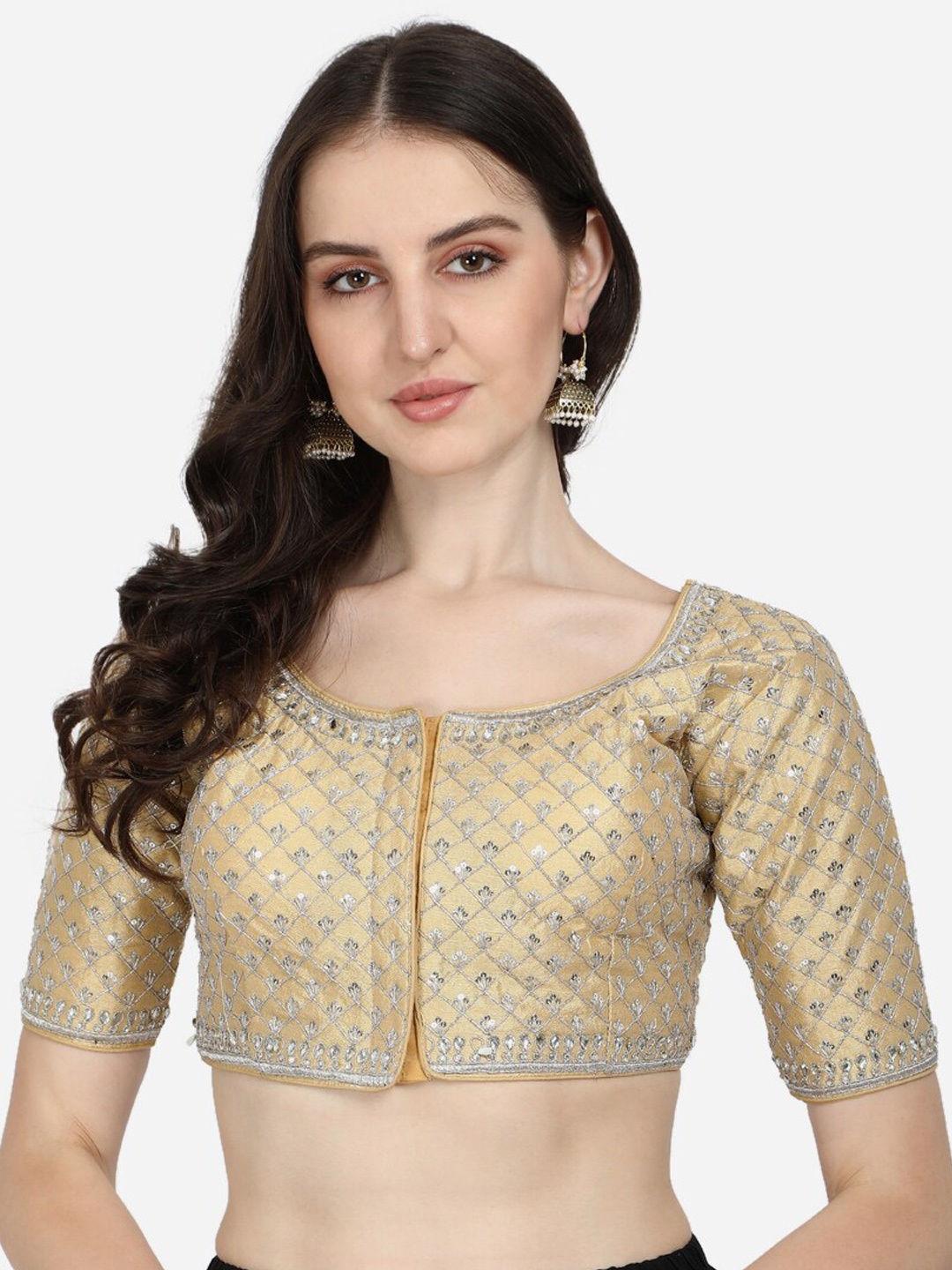 

Fab Dadu Beige Sequins Embroidered Silk Saree Blouse