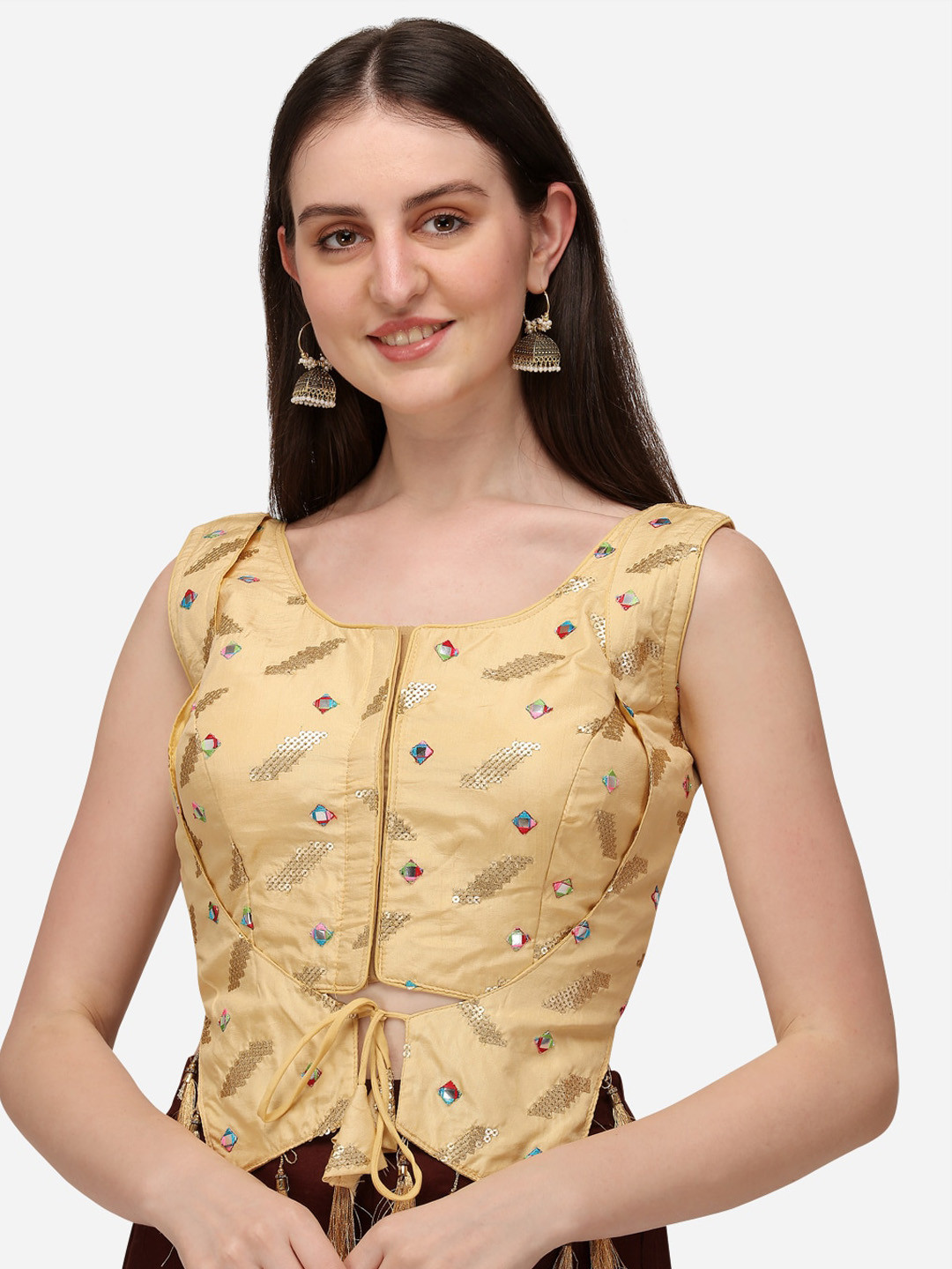 

Fab Dadu Women Beige Sequins Embroidered Silk Saree Blouse