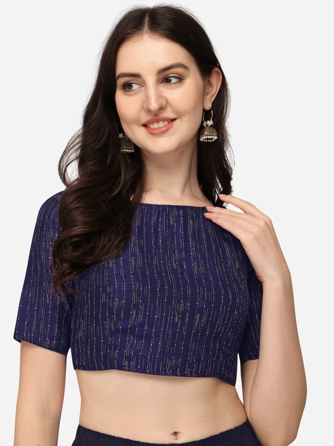 

Fab Dadu Navy Blue Foil Printed Silk Readymade Saree Blouse