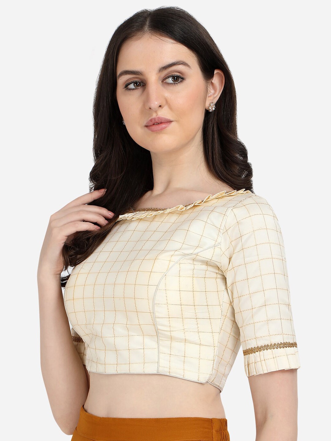 

Fab Dadu Women Off-White Checked Jacquard Saree Blouse