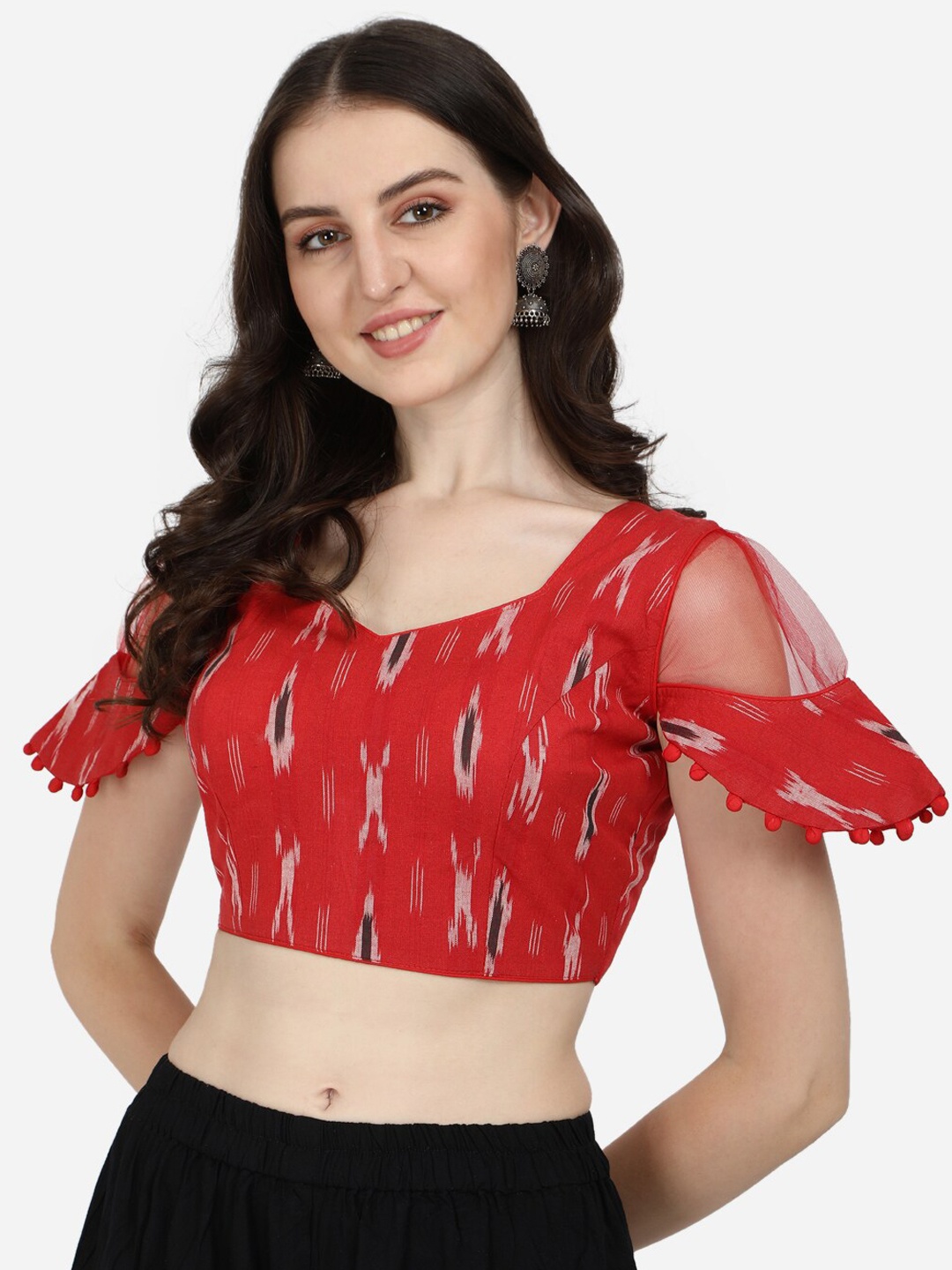 

Fab Dadu Red Ikat Cotton Readymade Saree Blouse