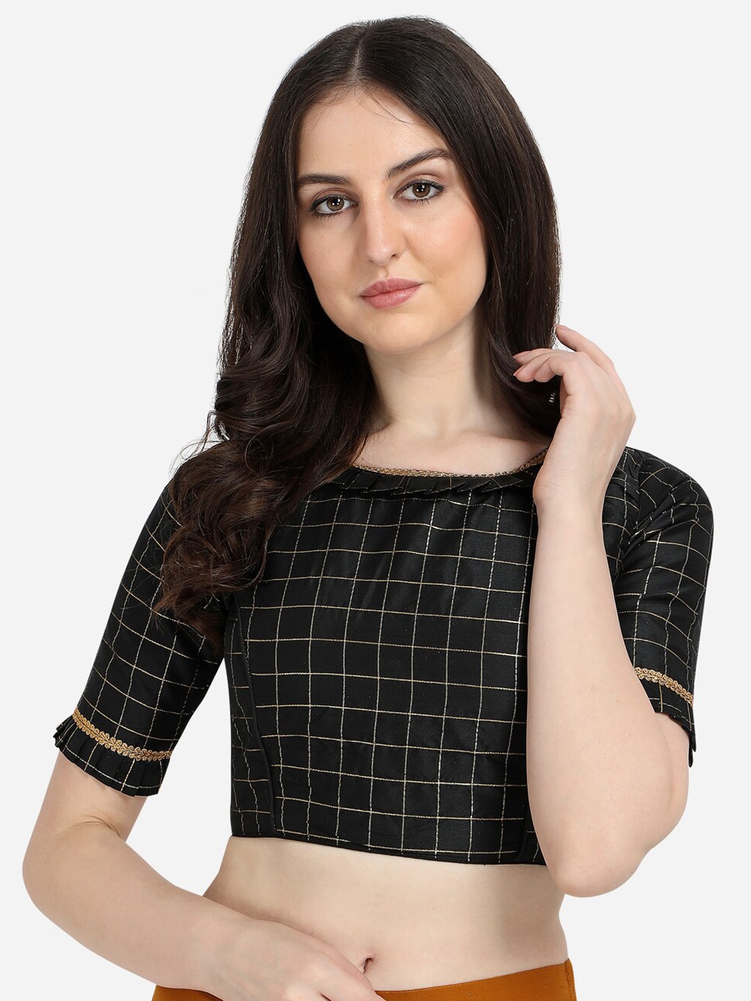 

Fab Dadu Women Black & Gold-Coloured Woven Design Jacquard Saree Blouse