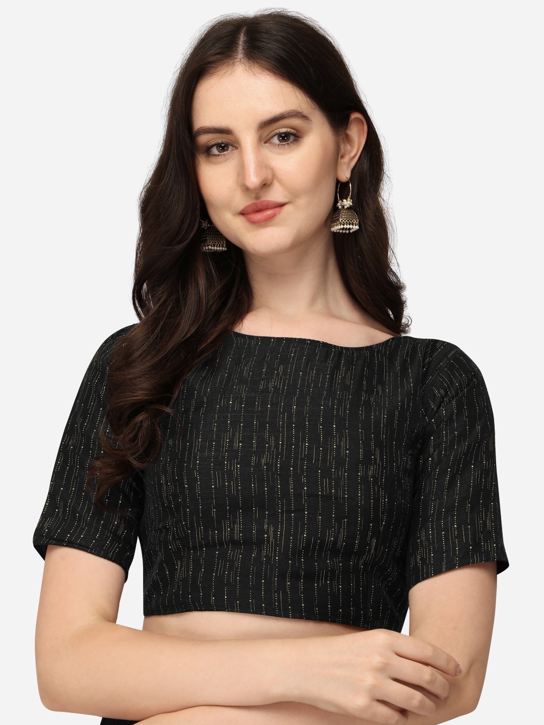 

Fab Dadu Black Foil Printed Silk Readymade Saree Blouse