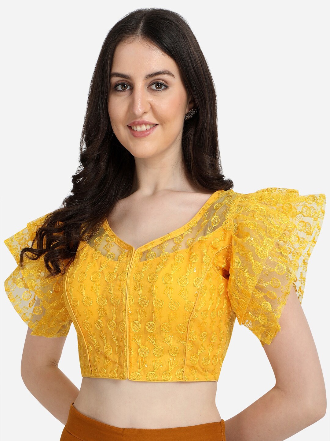 

Fab Dadu Yellow Sequins Embroidered Net Saree Blouse