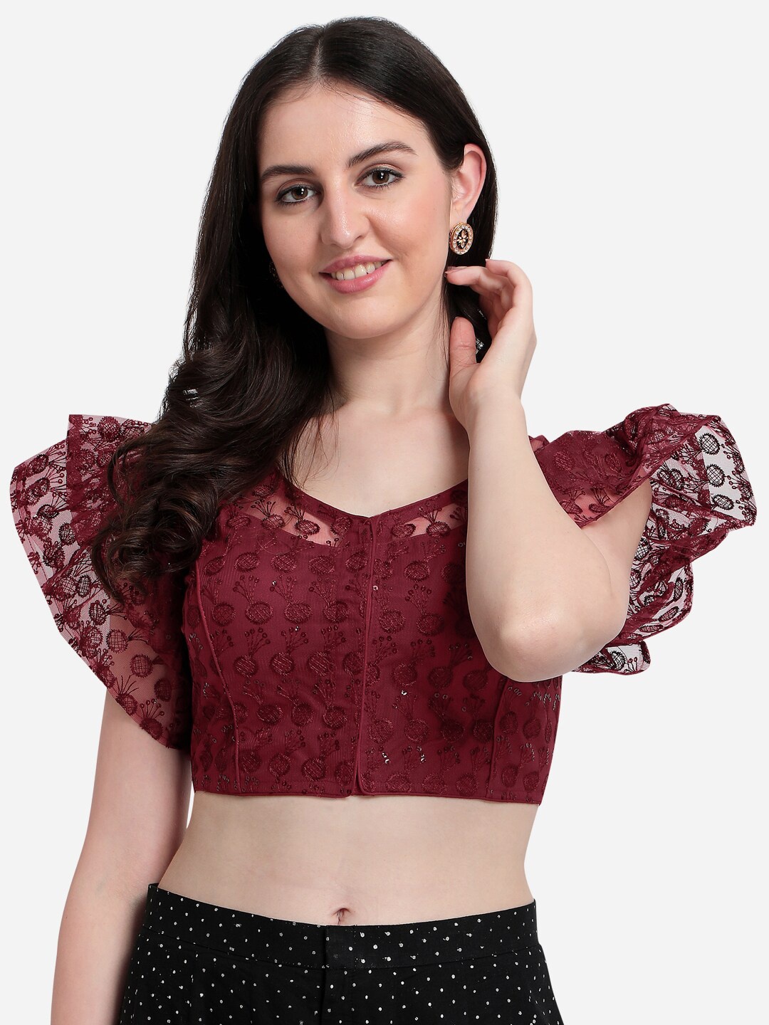 

Fab Dadu Maroon Red Embroidered Net Saree Blouse