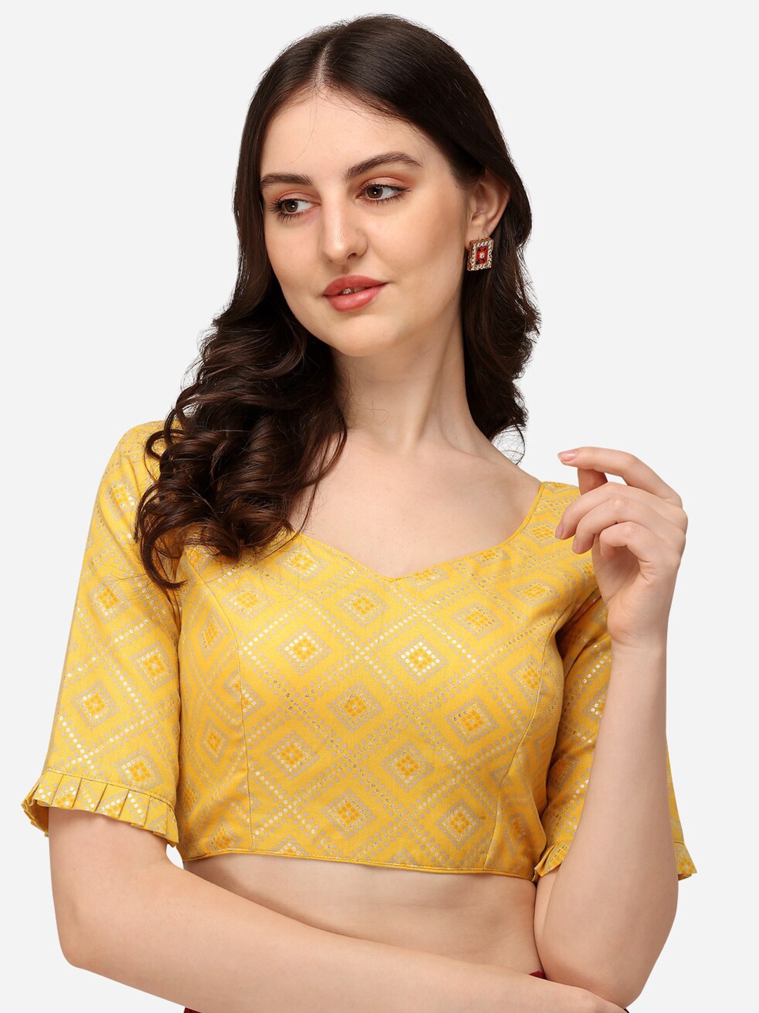 

Fab Dadu Women Yellow Printed Jacquard Saree Blouse