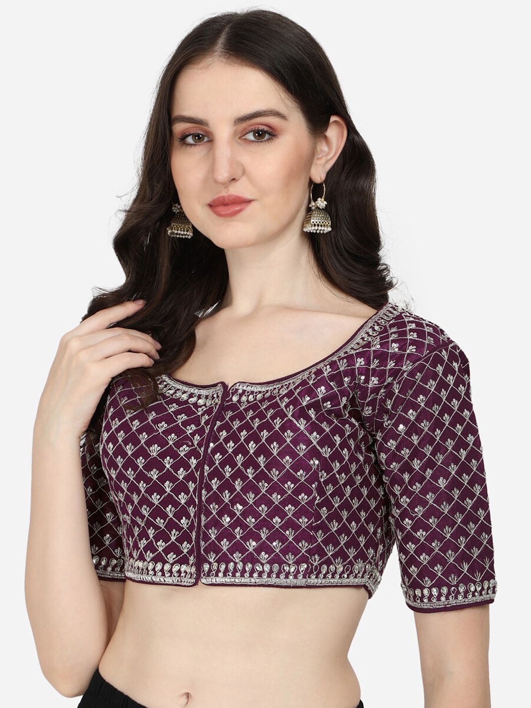 

Fab Dadu Women Purple Sequins Embroidered Silk Saree Blouse