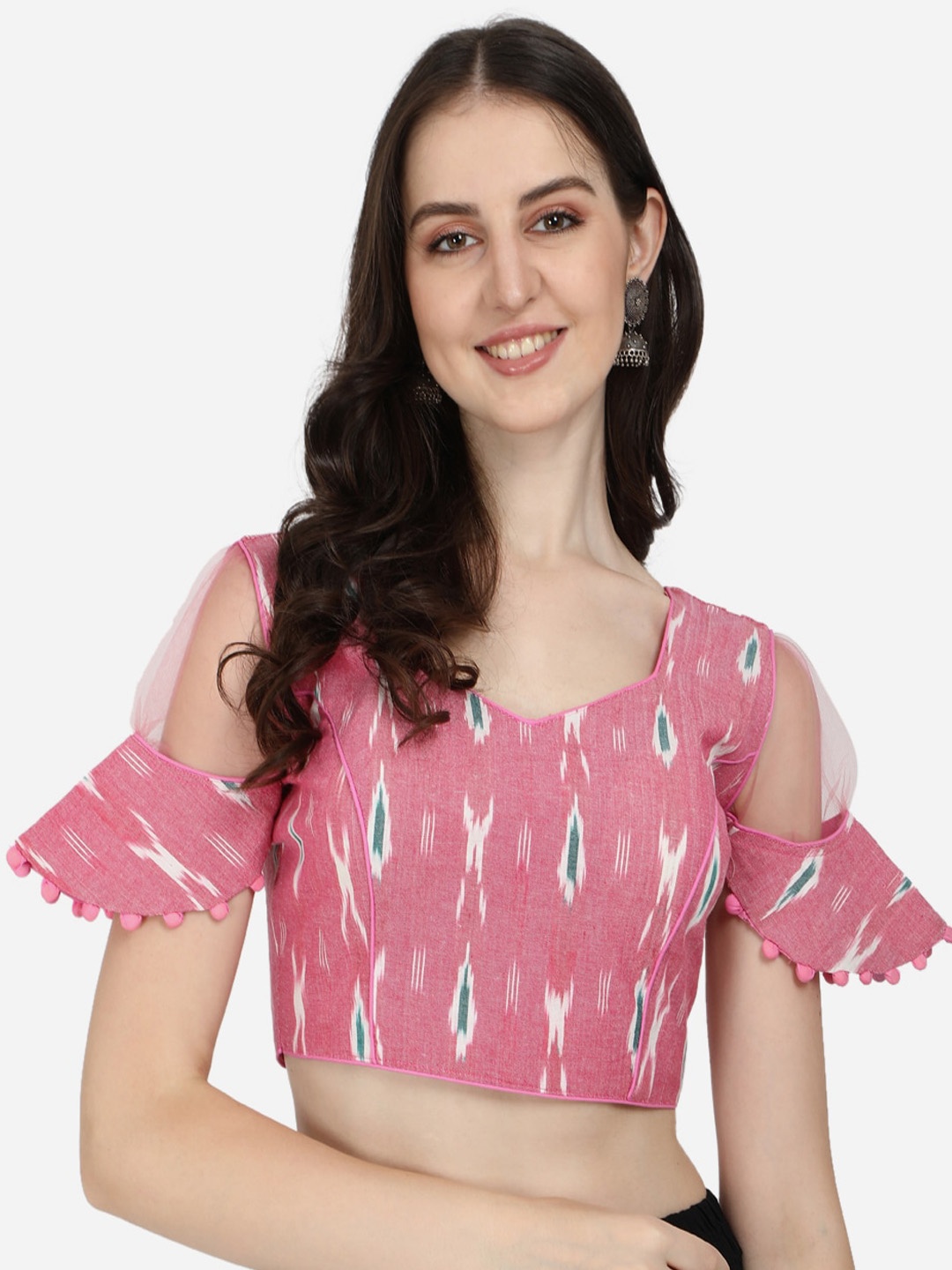

Fab Dadu Pink Printed Ikat Cotton Saree Blouse