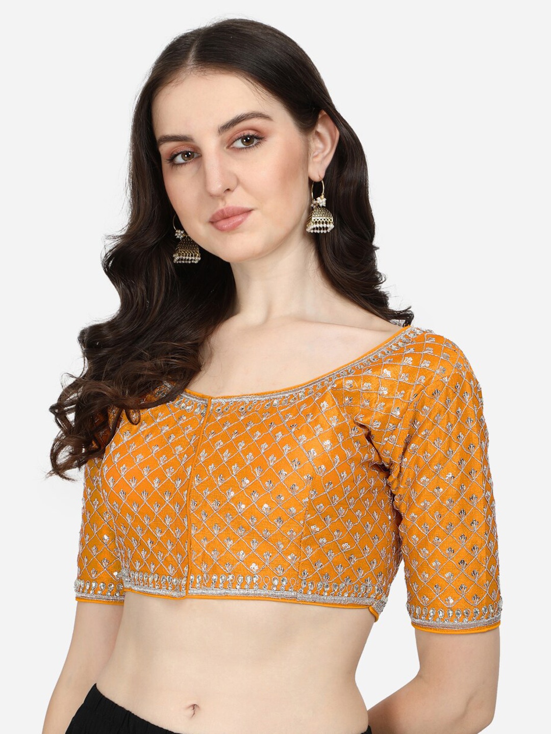

Fab Dadu Women Mustard Yellow Sequins Embroidered Silk Saree Blouse