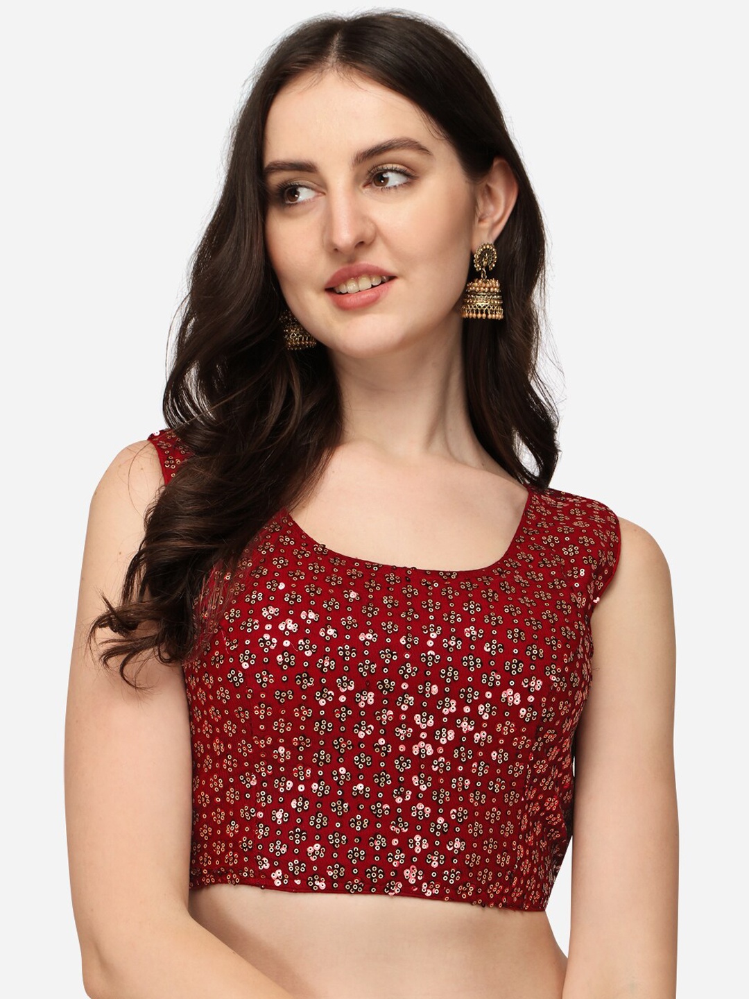 

Fab Dadu Women Red Sequins Embroidered Net Saree Blouse