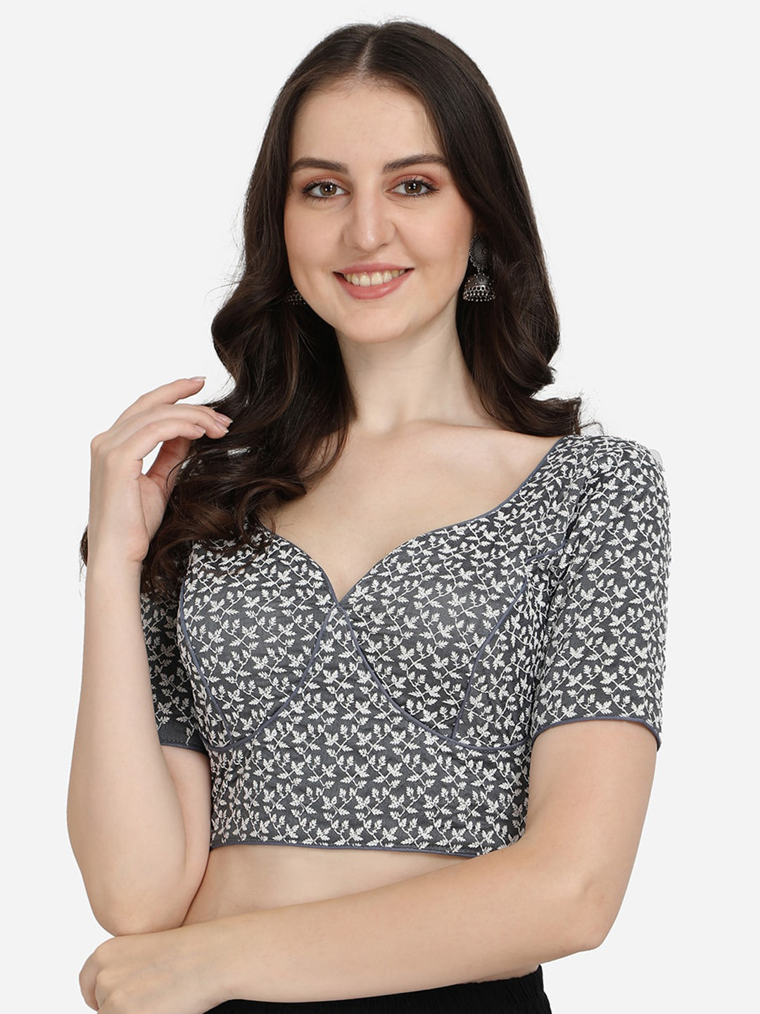 

Fab Dadu Grey Embroidered Silk Saree Blouse