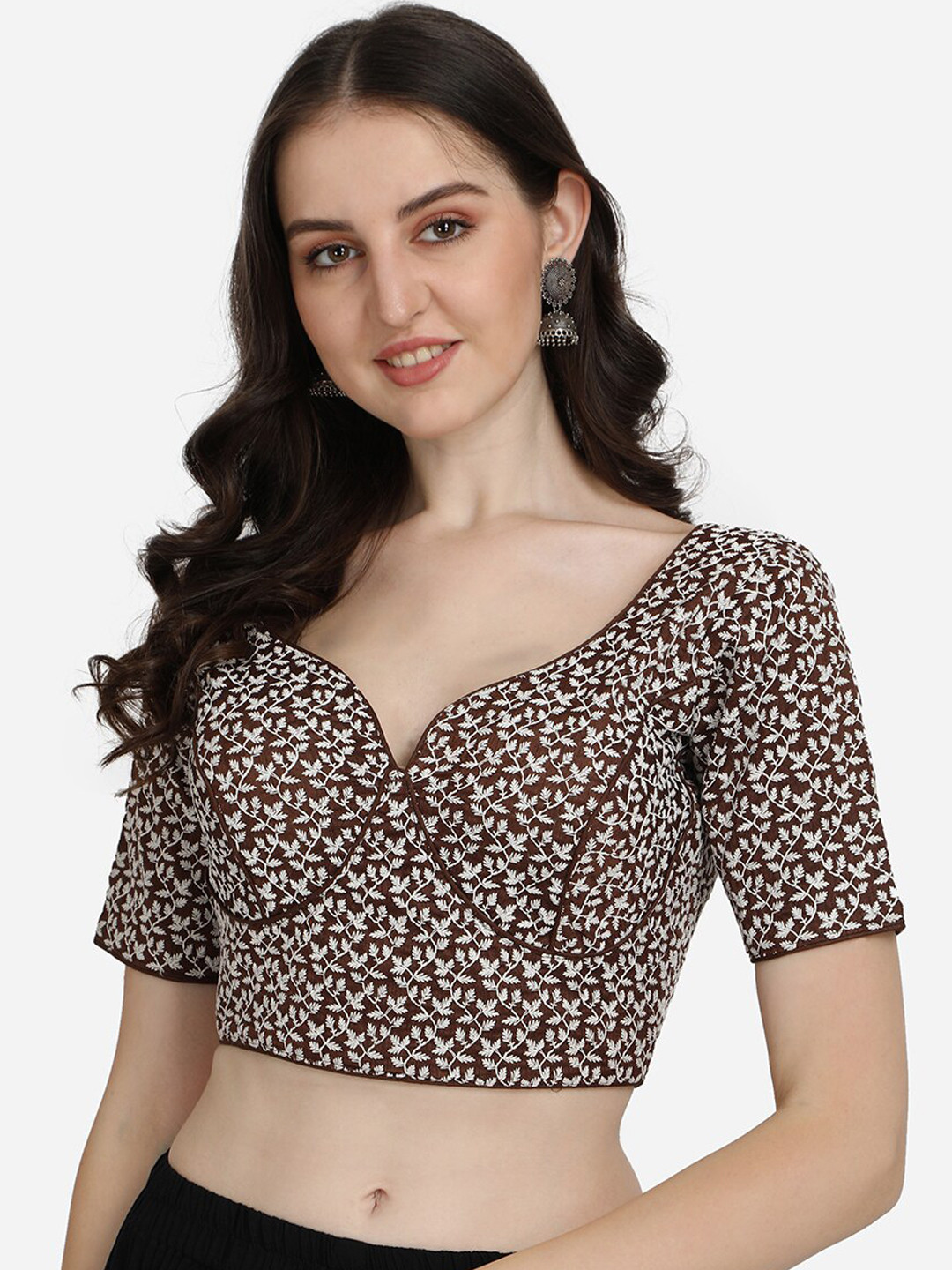 

Fab Dadu Brown & White Floral Embroidered Blouse