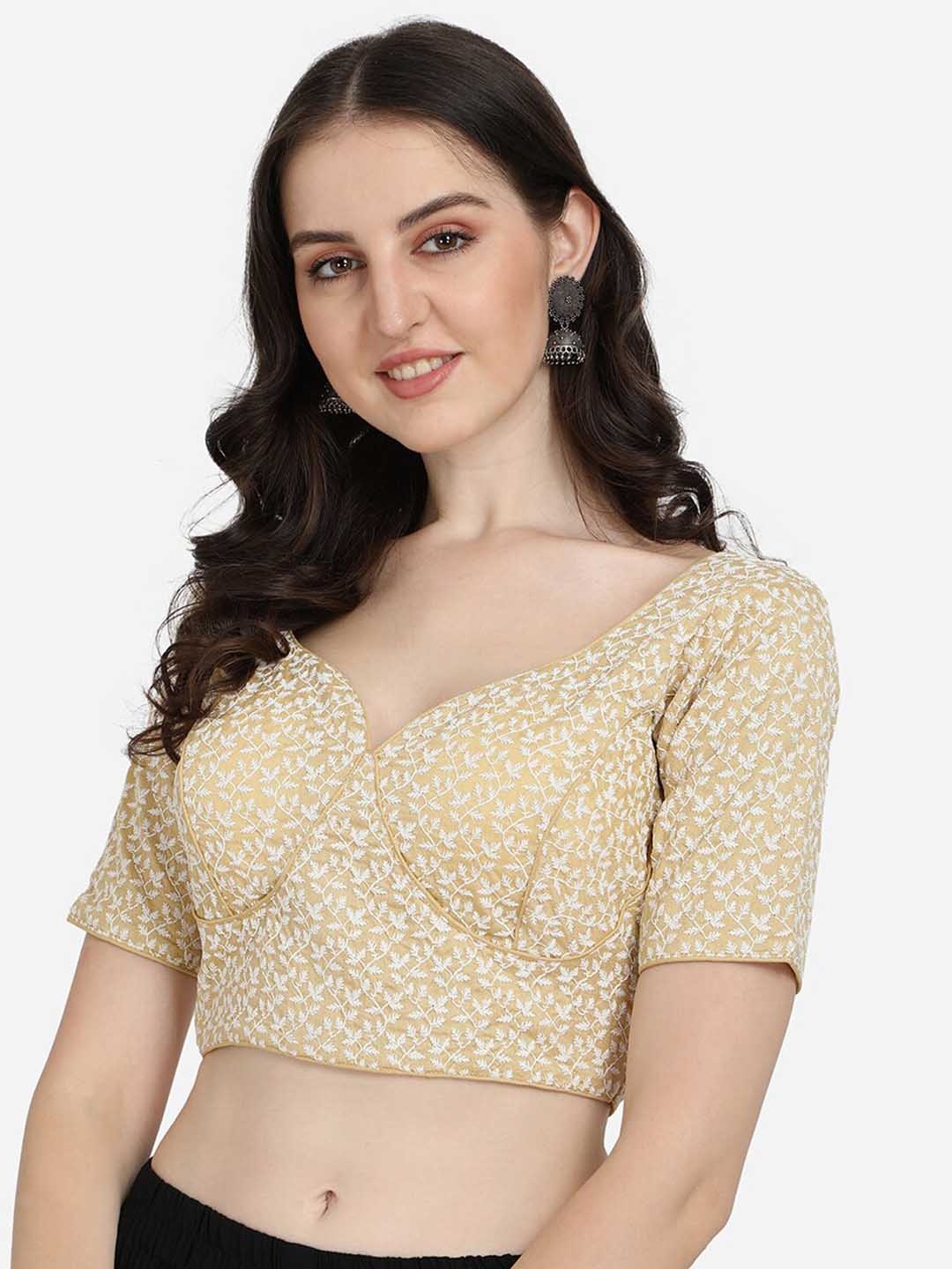 

Fab Dadu Beige Embroidered Silk Sweetheart Neck Blouse