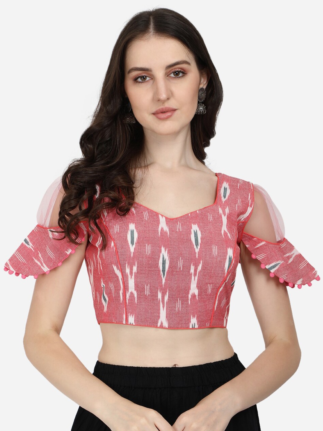 

Fab Dadu Coral-Colored Ikat Print Cotton Saree Blouse, Red