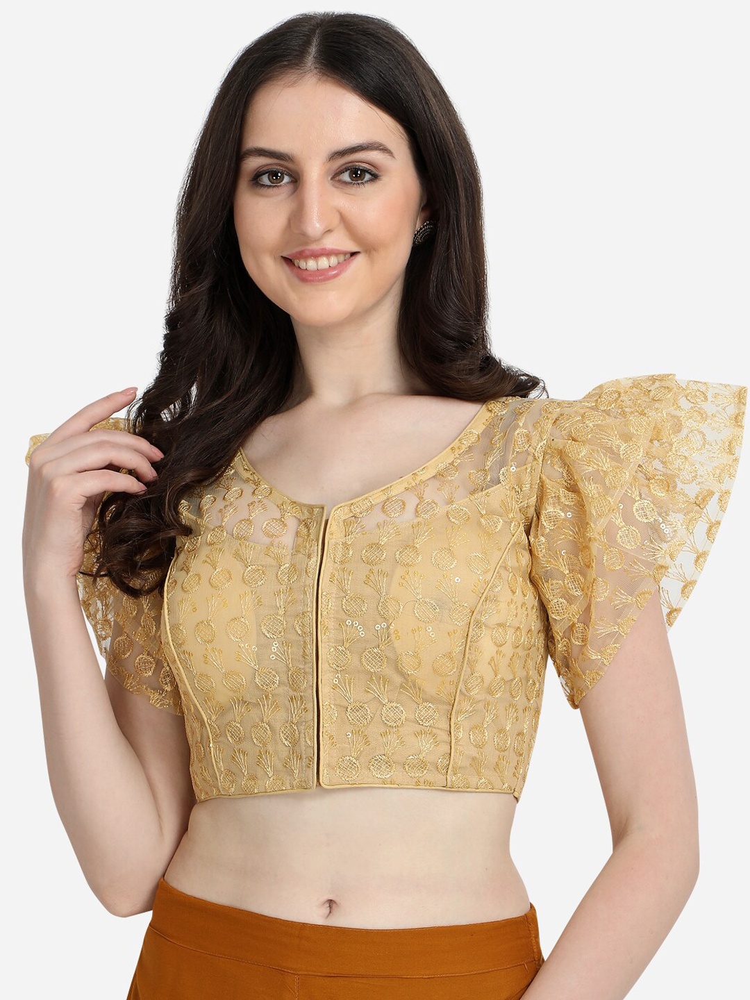 

Fab Dadu Beige Floral Embroidered & Sequinned Flared Sleeves Blouse