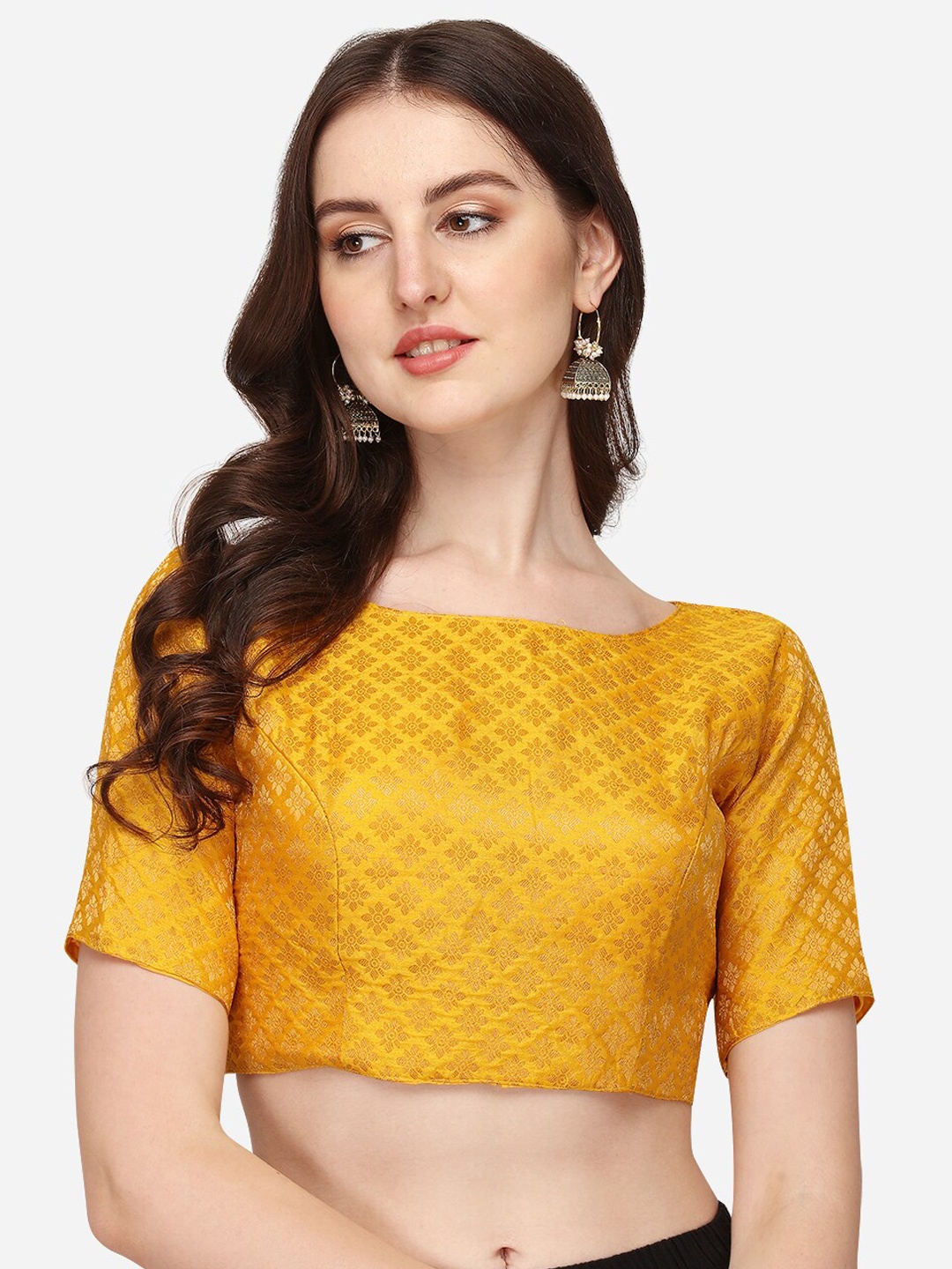 

Fab Dadu Women Yellow Woven Design Boat Neck Saree Blouse