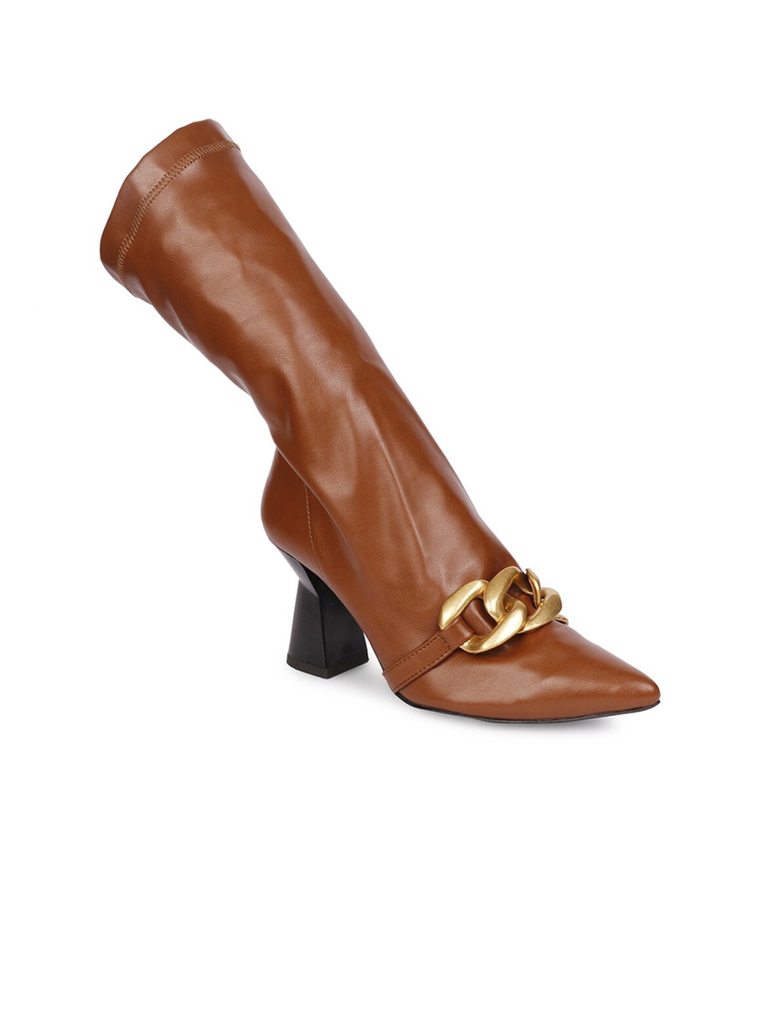 

Saint G Tan Leather Chain Detail Mid-Top Regular Heeled Boots