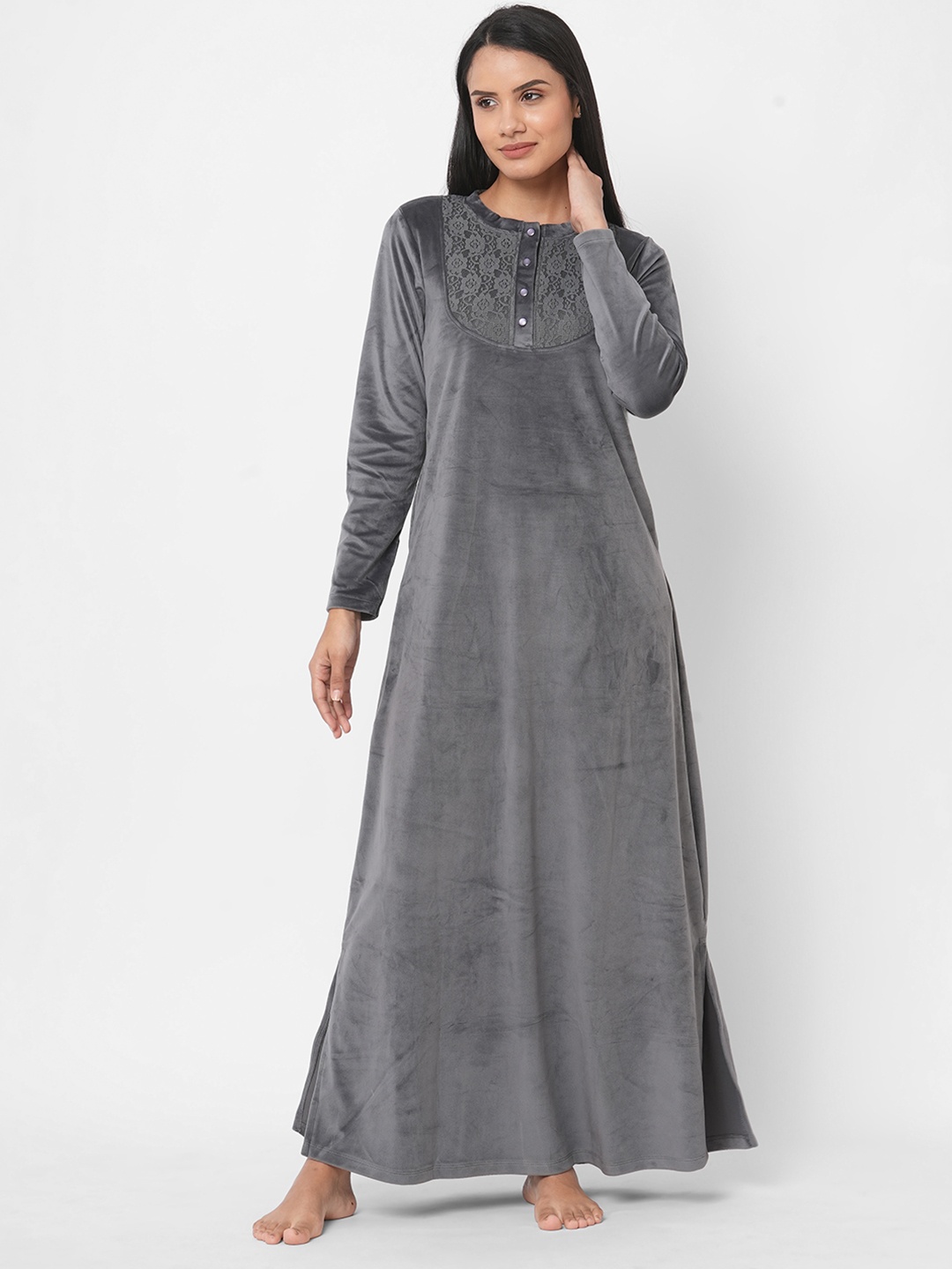 

Sweet Dreams Grey Solid Round neck Maxi Nightdress
