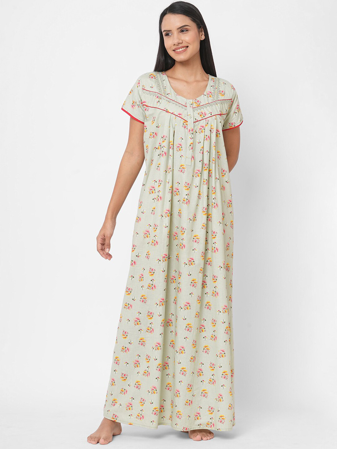 

Sweet Dreams Women Green Printed Maxi Nightdress