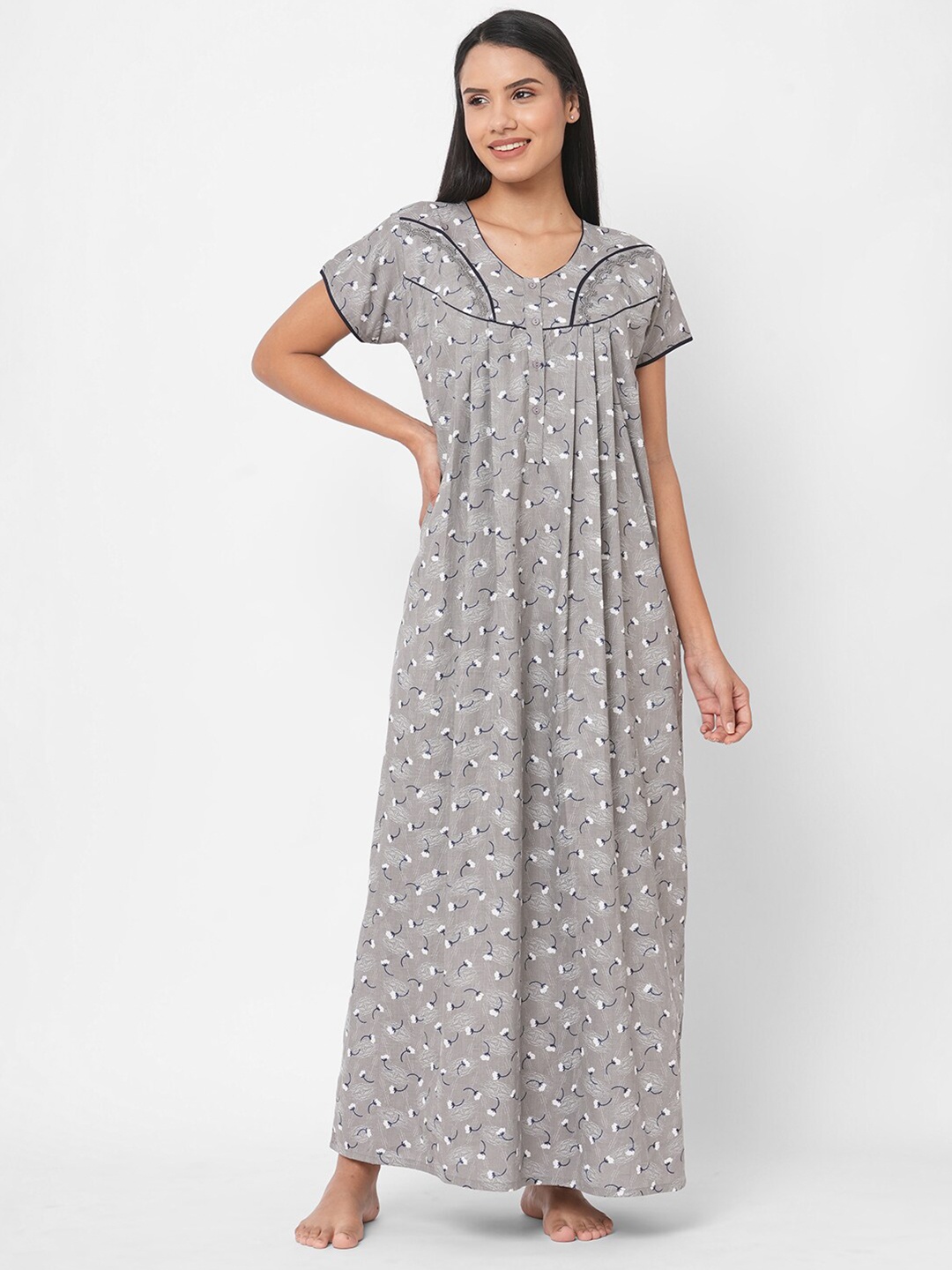 

Sweet Dreams Women's Grey Printed Cotton Maxi Nightdress