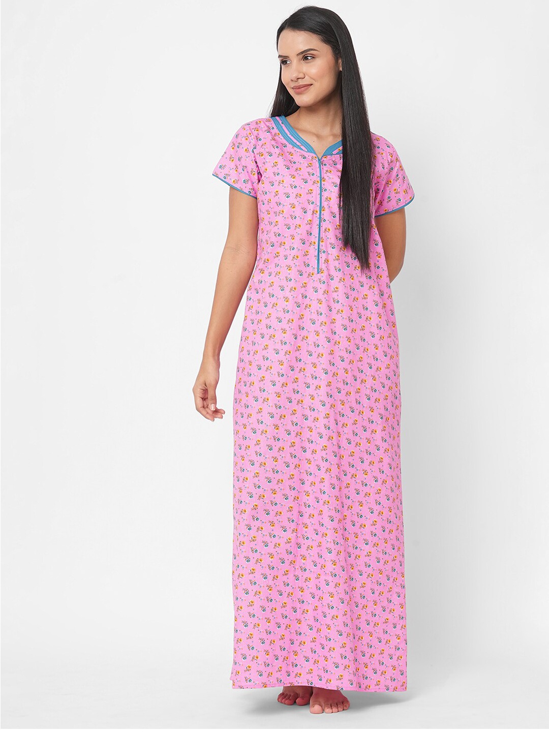 

Sweet Dreams Women's Pink Printed Cotton Maxi Nightdress