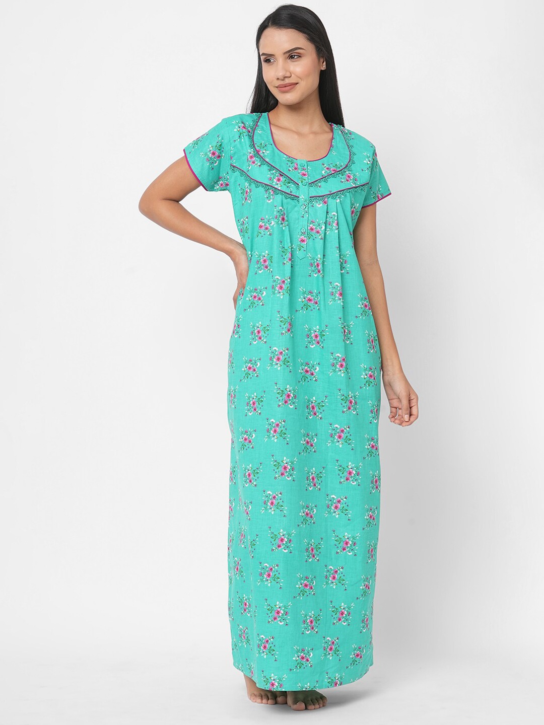 

Sweet Dreams Women Green And Pink Floral Printed Short Sleeves Maxi Nightdress