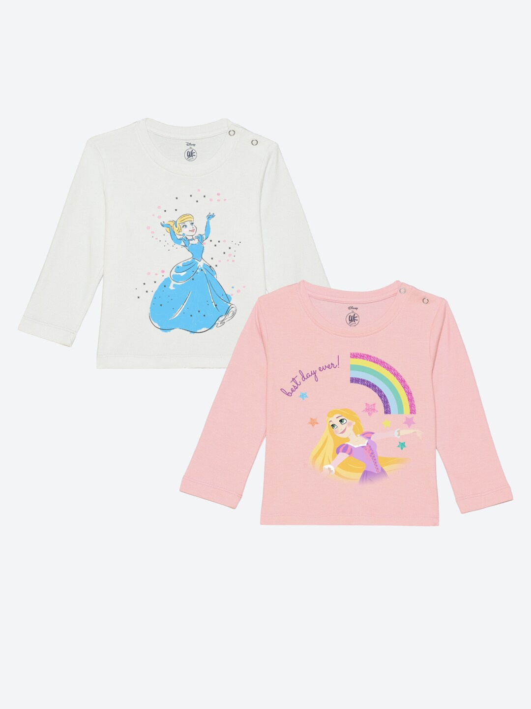 

YK Disney Infant Girls Pack of 2 Cinderella & Rapunzel Printed T-shirts, White