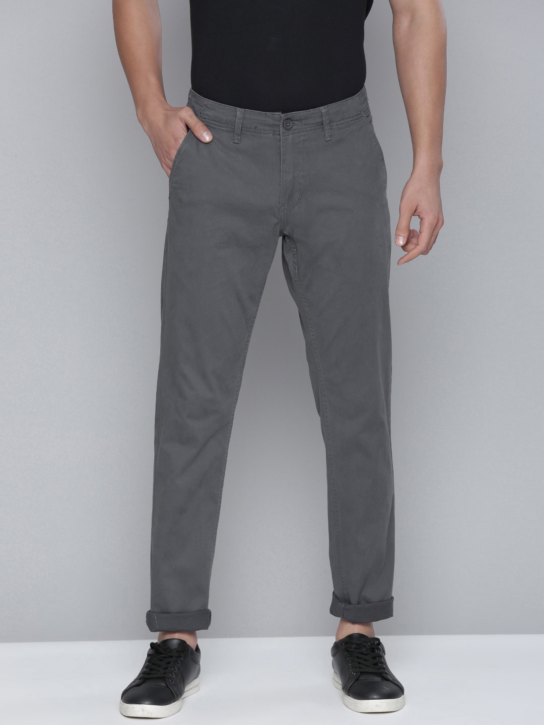 

Flying Machine Men Grey Comfort Super Slim Fit Mid-Rise Plain Woven Flat-Front Chinos