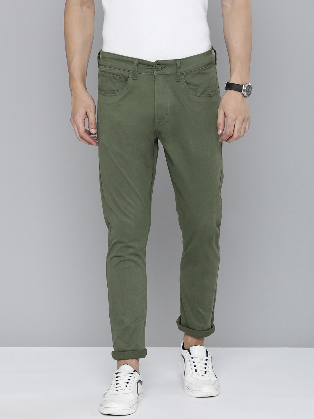 

Flying Machine Men Olive Green Solid Comfort Slim Tapered Fit Mid-Rise Woven Trousers