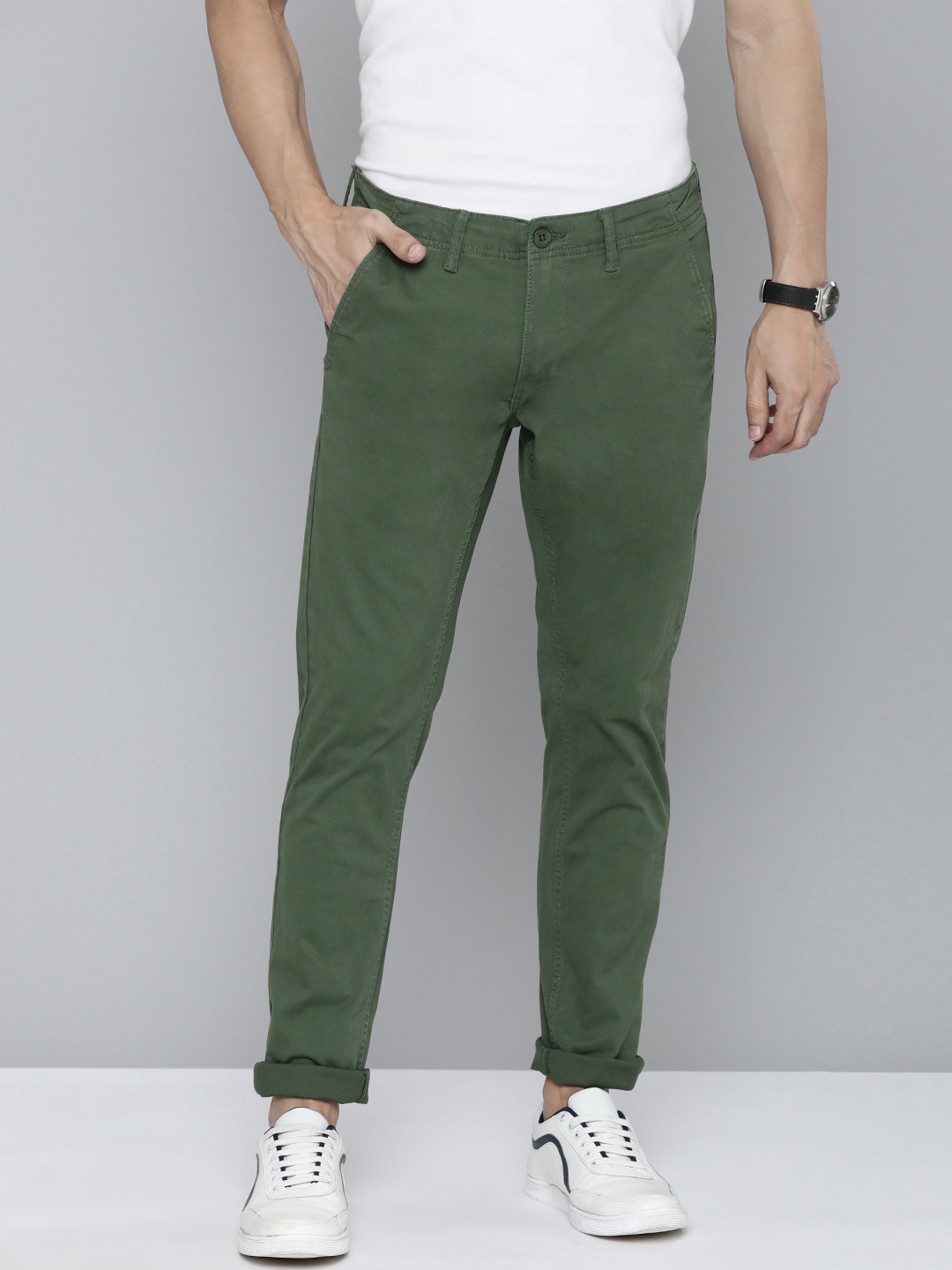 

Flying Machine Men Olive Green Solid Comfort Super Slim Fit Mid-Rise Plain Woven Trousers