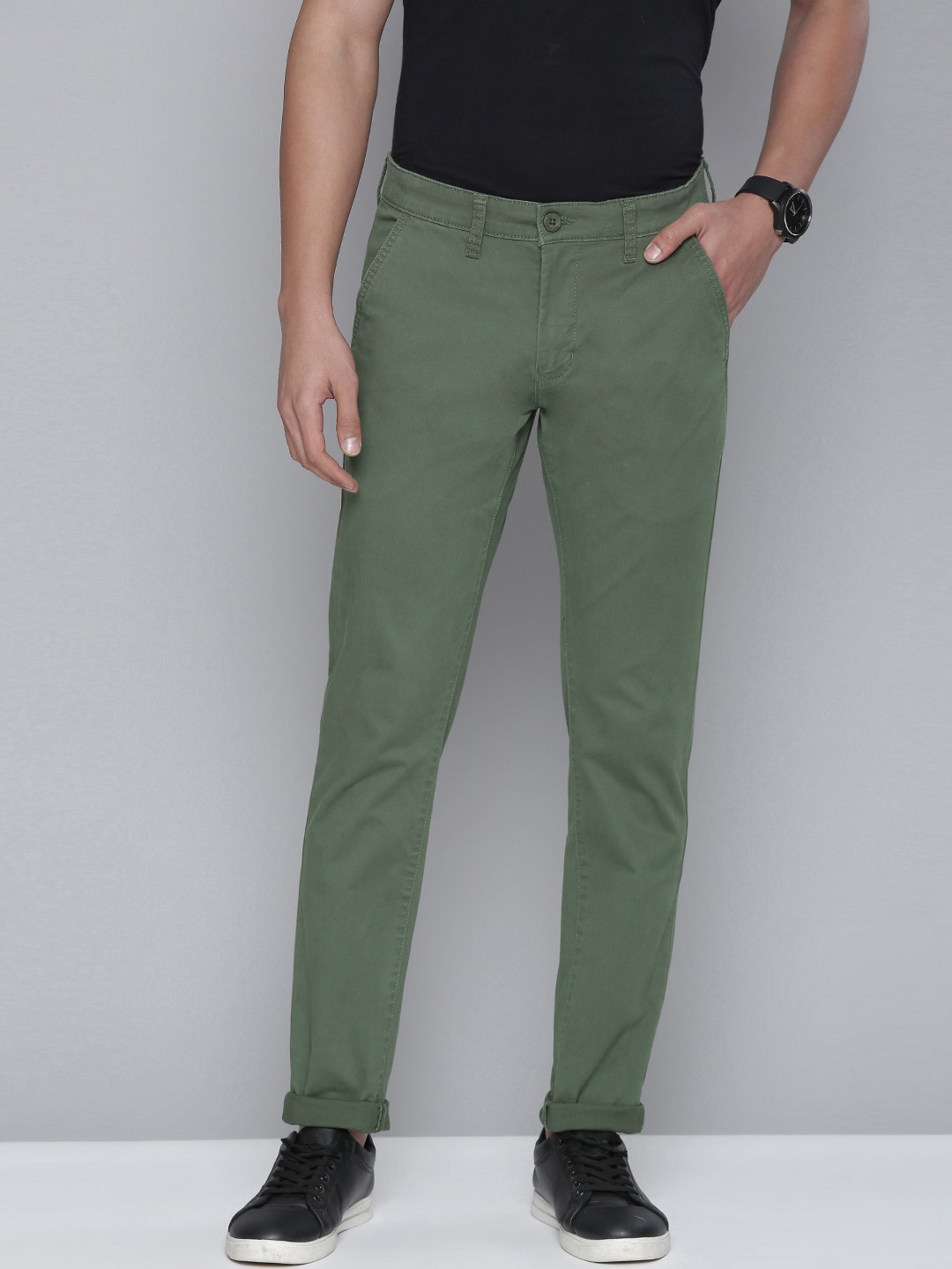 

Flying Machine Men Green Comfort Super Slim Fit Mid-Rise Plain Woven Flat-Front Chinos