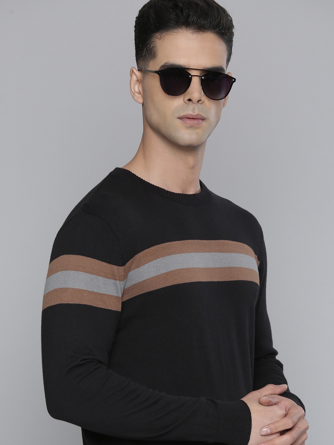 

Flying Machine Men Black & Brown Striped Pure Cotton Pullover