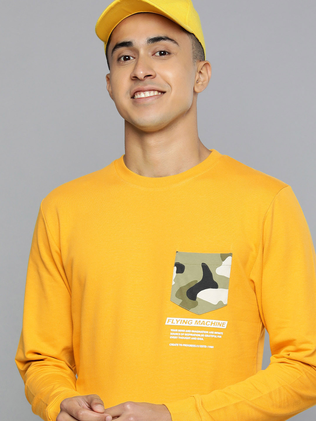 

Flying Machine Men Mustard Yellow Printed Pure Cotton Sweatshirt